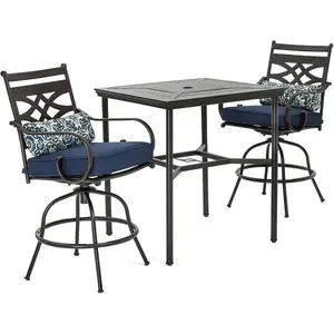Hanover MCLRDN3PCBRSW2-NVY Montclair Patio Dining Set With 2 Swivel Chairs With Navy Blue Cushions