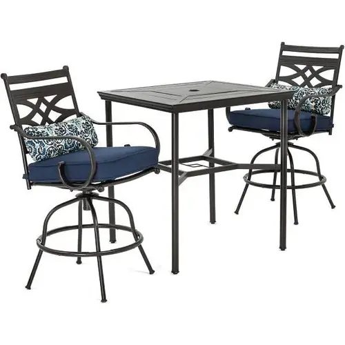 Montclair Patio Dining Set With 2 Swivel Chairs With Navy Blue Cushions
