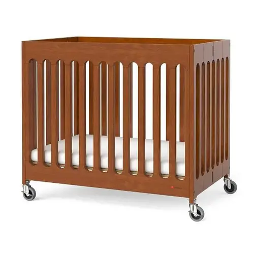 Compact Boutique Folding Crib,slatted Casters Foam Mattress,cherry