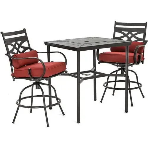 Montclair Patio Dining Set With 2 Swivel Chairs With Chili Red Cushions