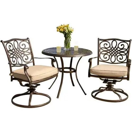 Traditions Patio Bistro Set With 2 Swivel Rockers With Beige Cushions