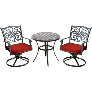 Hanover TRADDN3PCSW-RED Traditions Patio Bistro Set With 2 Swivel Rockers With Red Cushions