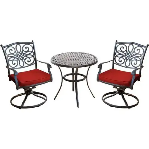 Traditions Patio Bistro Set With 2 Swivel Rockers With Red Cushions