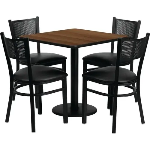 30" Square Walnut Laminate Table Set With Metal Chair And Black Vinyl Seat