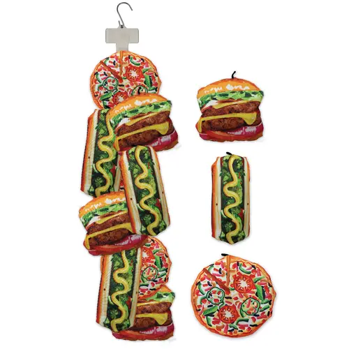 Clip Strip of Scoochzilla Dog Toys 9 Per Clip Strip, Pizza, Hot Dog and Burger