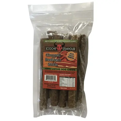 6 Inch 8 Pack Scoochie Steakhouse Chopped Beefsteak Sticks Zip Lock Bag