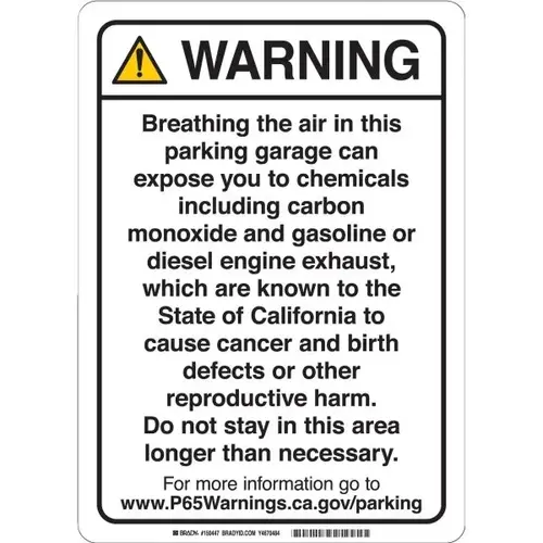 Prop 65 Regulatory Sign Parking Garage 10x7 Inch Aluminum Black On White