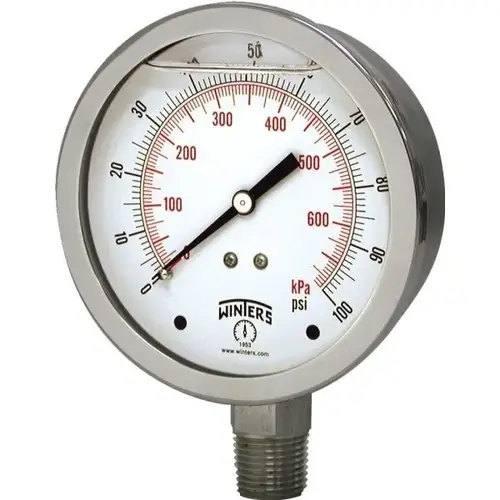 Pressure Gauge, 2-1/2" Dial, 0-100 Psi , Glycerin Filled, Bottom Mount