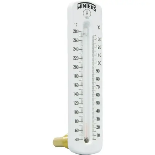 Hot Water Thermometer, 8" Scale, 40-280 degreeF, 1/2" Npt, Angled Connection Hot Water Thermometer, 8" Scale, 40-280 degreeF, 1/2" Npt, Angled Connection