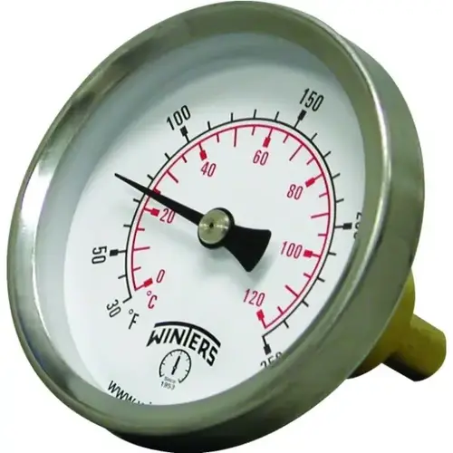 Hot Water Thermometer, 2-1/2" Dial, 30-250 degreeF, 0-120 degreeC, 1/2" Npt