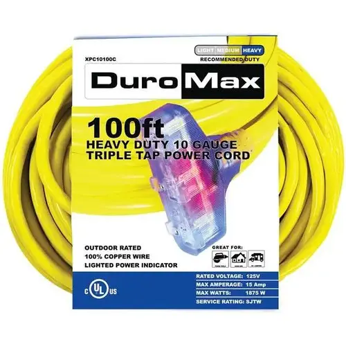 Duromax 100 ft. 10/3-Gauge Triple Tap Extension Power Cord Yellow Duromax 100 ft. 10/3-Gauge Triple Tap Extension Power Cord Yellow