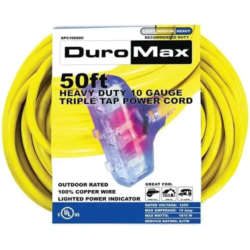 Duromax 50 ft. 10/3-Gauge Triple Tap Heavy-Duty Extension Power Cord Yellow Duromax 50 ft. 10/3-Gauge Triple Tap Heavy-Duty Extension Power Cord Yellow