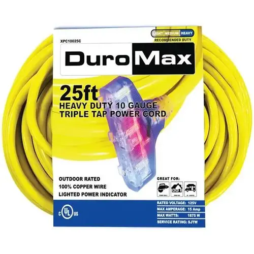 Duromax 25 ft. 10/3-Gauge Triple Tap Heavy-Duty Extension Power Cord Yellow Duromax 25 ft. 10/3-Gauge Triple Tap Heavy-Duty Extension Power Cord Yellow