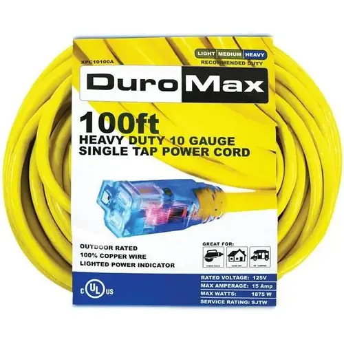 Duromax 100 ft. 10/3-Gauge Single Tap Extension Power Cord Yellow Duromax 100 ft. 10/3-Gauge Single Tap Extension Power Cord Yellow