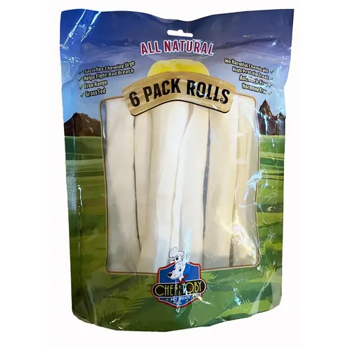 6 Pack Rawhide Rolls 10 Inch In A Printed Zip Lock, Peggable Full Color Bag With Window