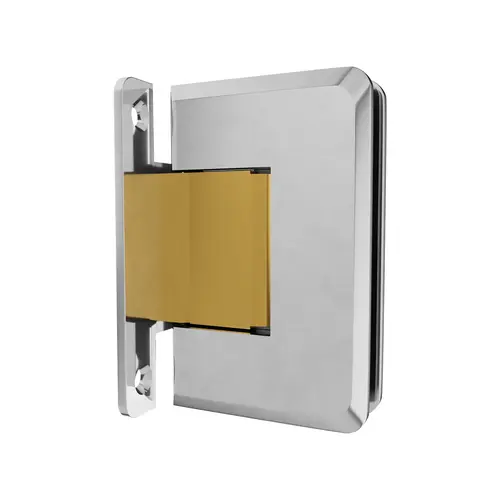 Glass To Wall Mount Shower Door Hinge 3/8" and 1/2" Glass Thickness With H Back Plate Type Polished Chrome With Brass Accents Finish Glass To Wall Mount Shower Door Hinge 3/8" and 1/2" Glass Thickness With H Back Plate Type Polished Chrome With Brass Accents Finish