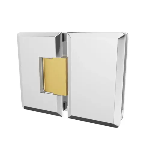 Glass To Glass Mount Hinge 180 Degrees 3/8" and 1/2" Glazing Thickness Polished Chrome With Brass Accents Finish Glass To Glass Mount Hinge 180 Degrees 3/8" and 1/2" Glazing Thickness Polished Chrome With Brass Accents Finish