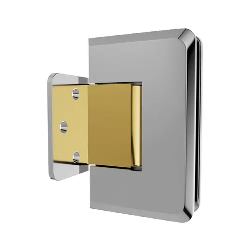 Glass To Wall Mount Shower Door Hinge With Offset Mounting Plate Polished Chrome With Brass Accents Finish Glass To Wall Mount Shower Door Hinge With Offset Mounting Plate Polished Chrome With Brass Accents Finish