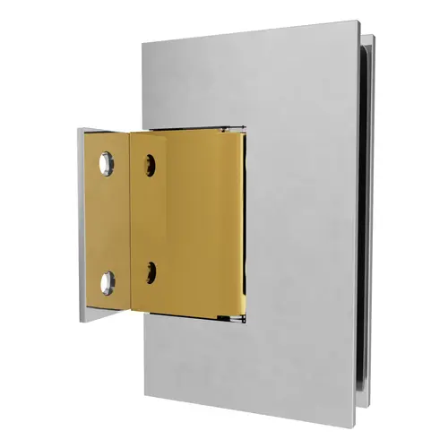 Adjustable Glass To Wall Mount Shower Door Hinge With Short Mounting Plate Polished Chrome With Brass Accents Finish Adjustable Glass To Wall Mount Shower Door Hinge With Short Mounting Plate Polished Chrome With Brass Accents Finish