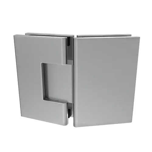 Adjustable Glass To Glass Door Hinge 135 Degrees 3/8" and 1/2" Glazing Thickness Satin Chrome Finish Adjustable Glass To Glass Door Hinge 135 Degrees 3/8" and 1/2" Glazing Thickness Satin Chrome Finish