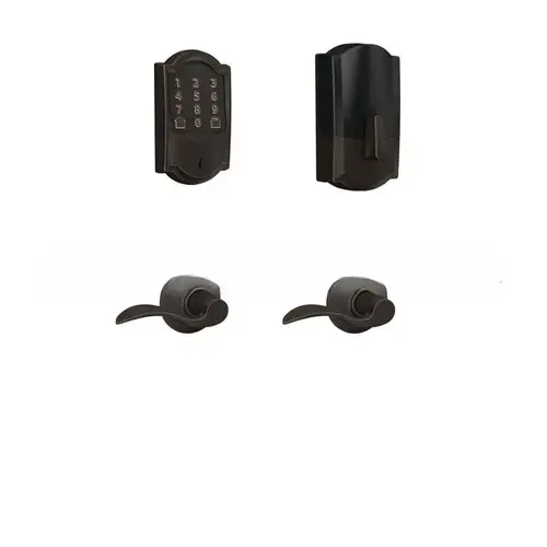 Camelot Encode Smart Wifi Touchscreen Deadbolt with Accent Lever Passage Lock Combo Pack with C Keyway; 16292 Latch; and 10269 Strike Aged Bronze Finish Camelot Encode Smart Wifi Touchscreen Deadbolt with Accent Lever Passage Lock Combo Pack with C Keyway; 16292 Latch; and 10269 Strike Aged Bronze Finish