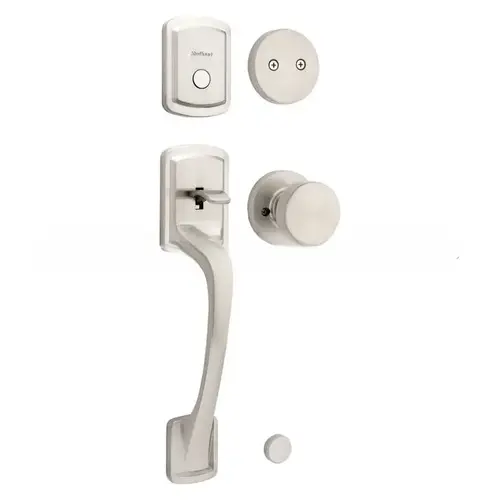 Dummy Prague Exterior Handleset with Pismo Knob with Round Rose Trim Satin Nickel Finish Dummy Prague Exterior Handleset with Pismo Knob with Round Rose Trim Satin Nickel Finish