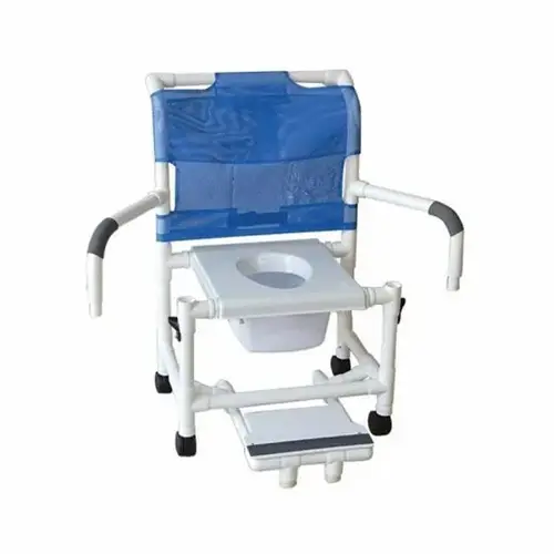 Wide Shower Chair With Pail Footrest And Double Drop Arms Royal Blue