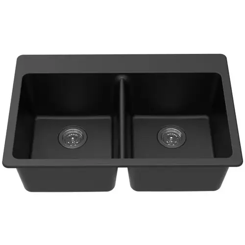 33" X 22" X 9.5" Dual Mount Granite Double Equal Bowl Sink In Black