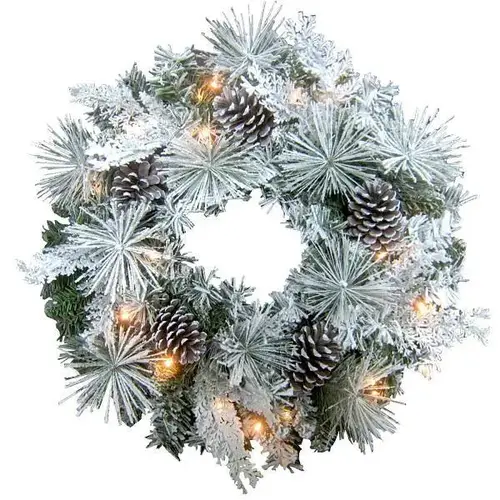 24" Flocked Christmas Wreath With Pinecones And LED Lights