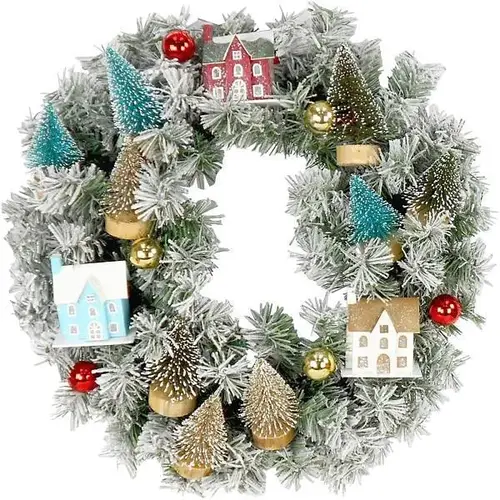 24" Snowy Christmas Village Wreath