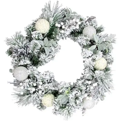 24" Snow Covered Christmas Wreath With Ornament, Leaves Berries 24" Snow Covered Christmas Wreath With Ornament, Leaves Berries