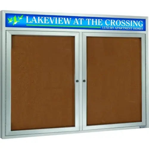 Enclosed Double Door Outdoor Bulletin Board, Custom Header & Light, 48 X 36"