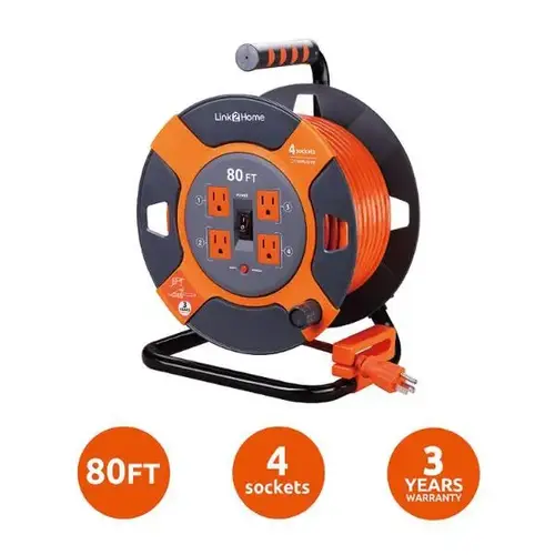Durable 80 Ft Extension Cord Reel W/ 4-Power Outlet And 14 Awg Cable