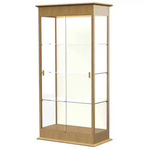 Waddell Varsity Lighted Carmel Oak Case W/Sliding Door/Plaque Fabric Back Waddell Varsity Lighted Carmel Oak Case W/Sliding Door/Plaque Fabric Back