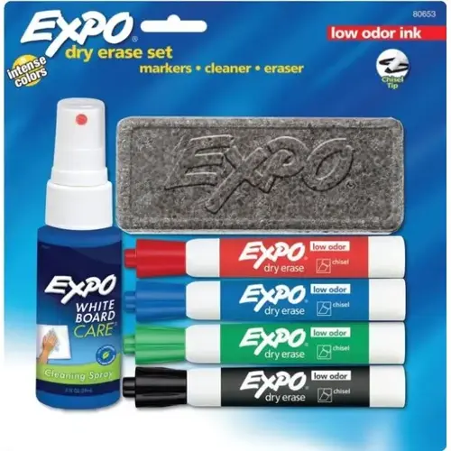 Low-Odor Dry-Erase Starter Kit With Four Markers, Assorted Colors