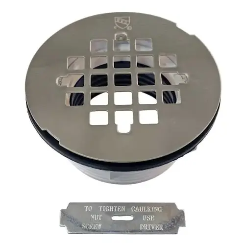 2" No-Caulk PVC Compression Shower Drain 4-1/4" Round Grid Cover Nickl 2" No-Caulk PVC Compression Shower Drain 4-1/4" Round Grid Cover Nickl