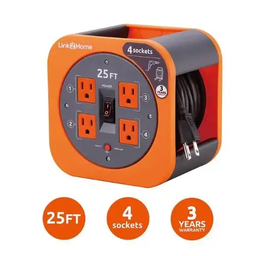 Durable 25 Ft Extension Cord Reel W/ 4-Power Outlet And 16 Awg Sjt Cable