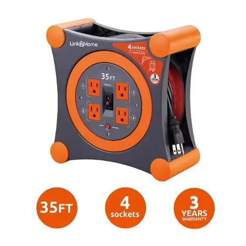 Durable 35 Ft Extension Cord Reel W/ 4-Power Outlet And 14 Awg Sjtw Cable Durable 35 Ft Extension Cord Reel W/ 4-Power Outlet And 14 Awg Sjtw Cable