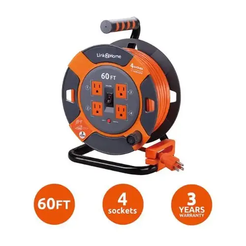 Durable 60 Ft Heavy-Duty Extension Cord Reel W/ 4-Power Outlet And 14 Awg Cable