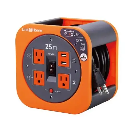 Durable 25 Ft Extension Cord Reel Orange W/ 3-Power Outlet And 2-Usb Port Durable 25 Ft Extension Cord Reel Orange W/ 3-Power Outlet And 2-Usb Port