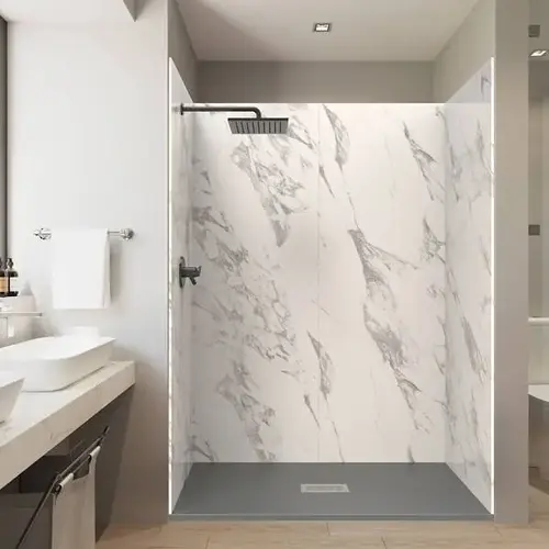 60x36x84" Alcove Solid Composite Stone Shower Kit Carrara Walls
