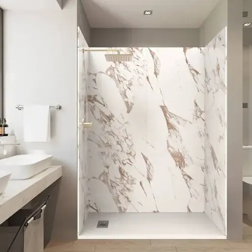 60"X32"X84" Alcove Solid Composite Stone Shower Kit - Caramel Walls