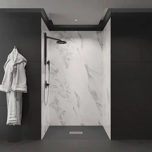 48"X34"X84" Alcove Solid Composite Stone Shower Kit Carrara Wall