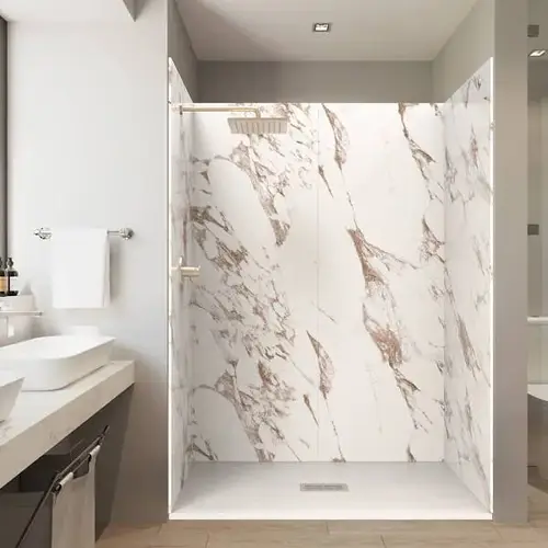 60"X32"X84" Alcove Solid Composite Stone Shower Kit Caramel Walls