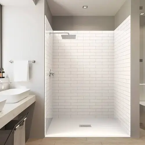 60"X32"X84" Solid Composite Stone Alcove Shower Kit - Subway Walls