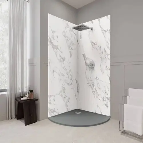 Corner Round 37x37x84" Solid Composite Stone Shower Kit Corner Round 37x37x84" Solid Composite Stone Shower Kit