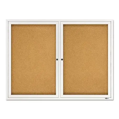 Enclosed Indoor Cork Bulletin Board Tan 2 Hinged Doors Surface Satin