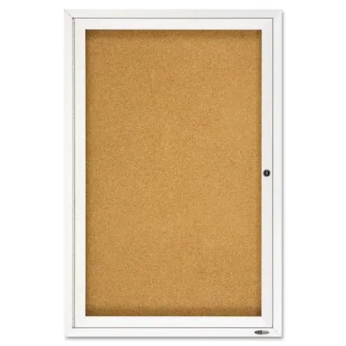 Enclosed Indoor Cork Bulletin Board With One Hinged Door, 24" X 36", Tan Surface, Satin Aluminum Frame Enclosed Indoor Cork Bulletin Board With One Hinged Door, 24" X 36", Tan Surface, Satin Aluminum Frame