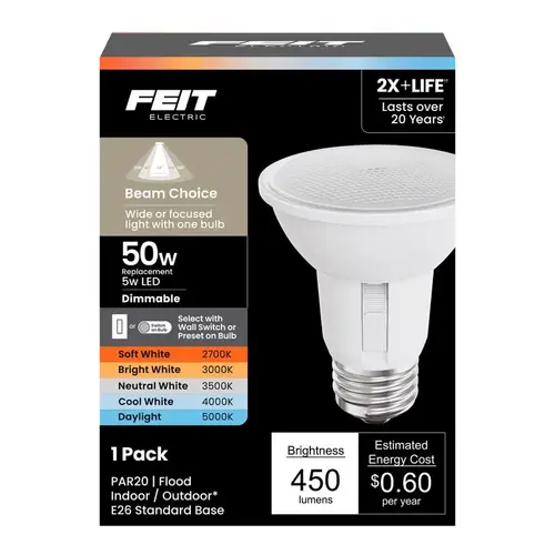 PAR20 E26 (Medium) Smart-Enabled LED Bulb Adjustable White 50 Watt Equivalence 1 pk White PAR20 E26 (Medium) Smart-Enabled LED Bulb Adjustable White 50 Watt Equivalence 1 pk White