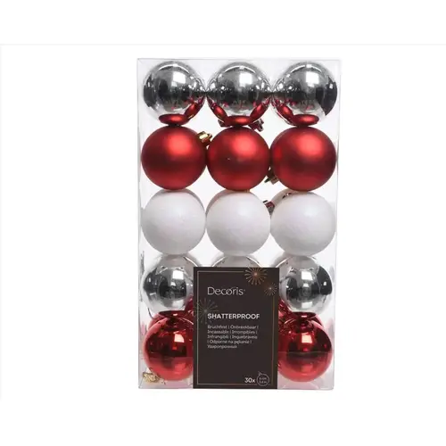 2.4 In. Shatterproof Red/White/Silver Bauble Christmas Ornament - pack of 30 2.4 In. Shatterproof Red/White/Silver Bauble Christmas Ornament - pack of 30